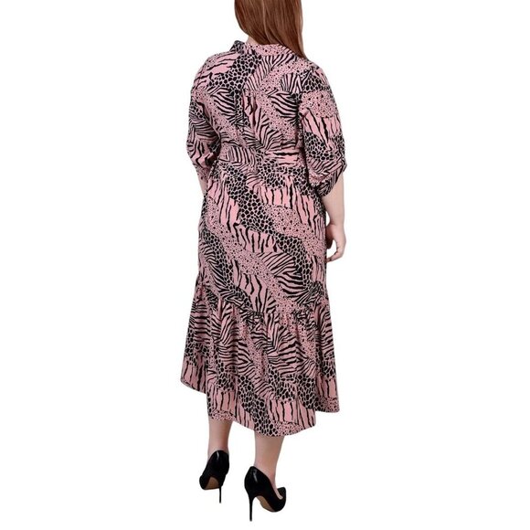 NY Collection Women Plus 2X Pink Animal Print Long Sleeve Tiered Dress Belt NWT - Picture 3 of 12